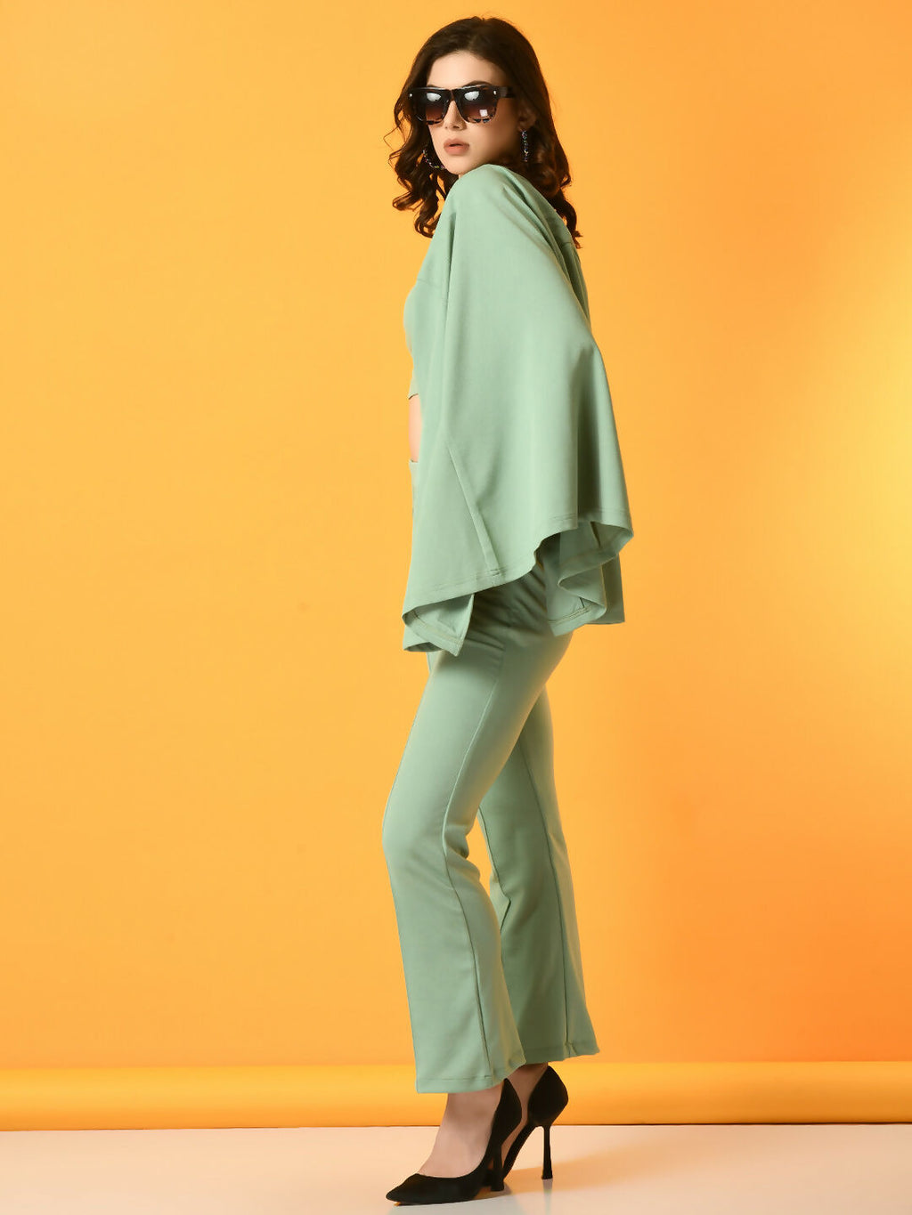 Myshka Women's Green Solid Coat With Trousers | Grocsy
