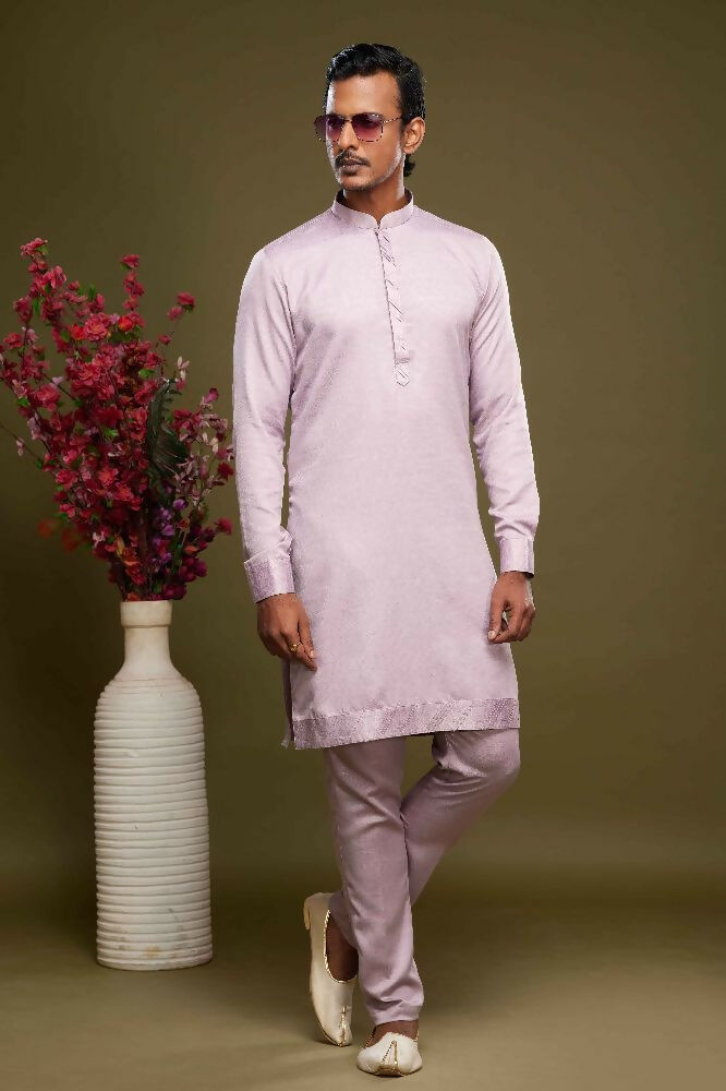 Raivat Ethnic Art Banarasi Silk Thread Work Kurta Pajama In Onion Pink Colour | Grocsy