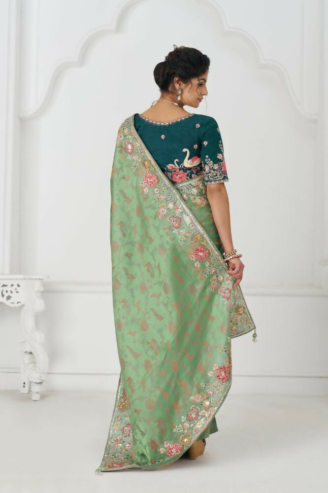 Kesar Fab Green Net Embroidered Lehenga | Grocsy