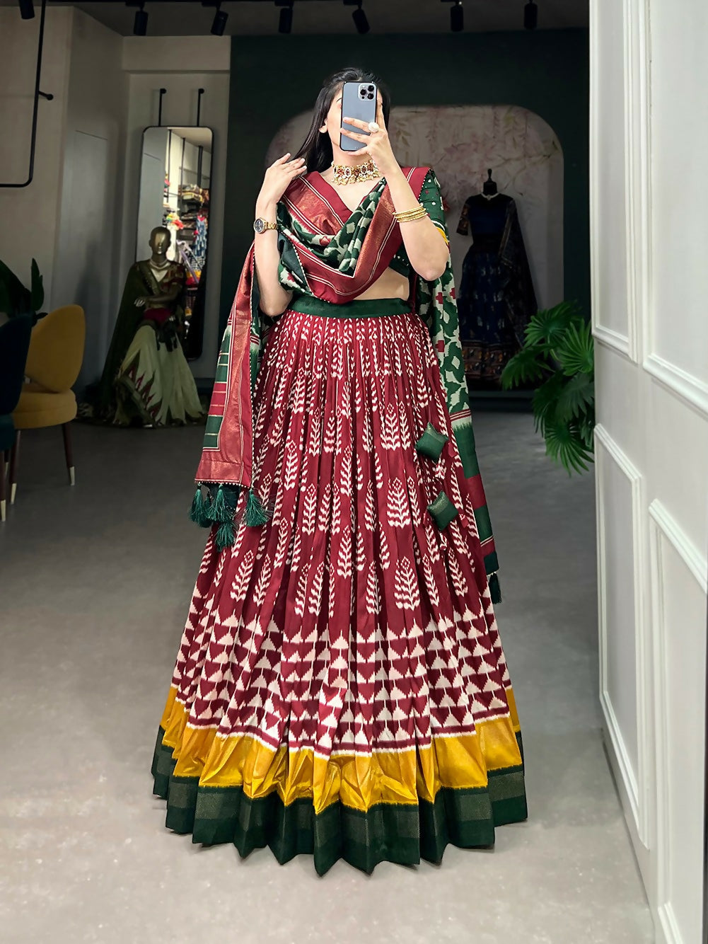 Vastranavya Traditional Printed Tusser Silk Lehenga Choli - Maroon | Grocsy