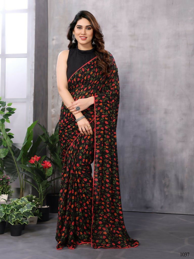 Partywear Designer Black & Red Georgette Fancy Saree - Satrangi | Grocsy