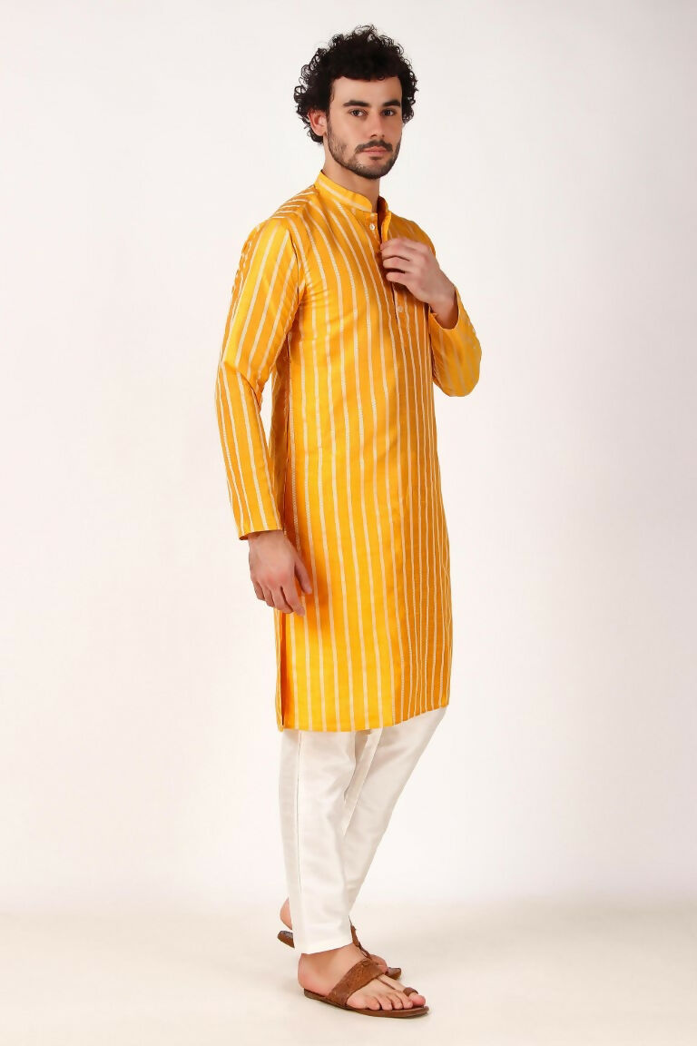Yellow Art Silk Woven Designer Men's Rajwadi Kurta Set - Mahotsav | Grocsy