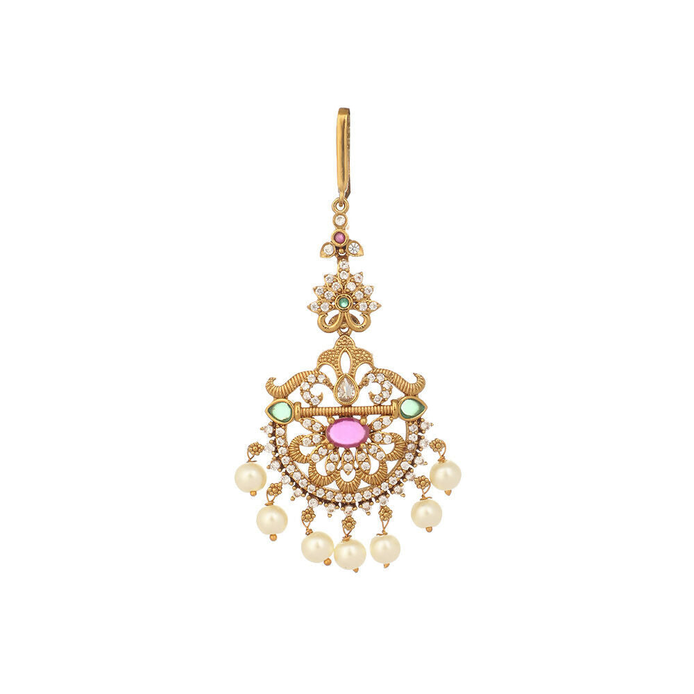Nuyug 18K Gold Plated Ethereal Gulabi Stone Maang Tikka | Grocsy