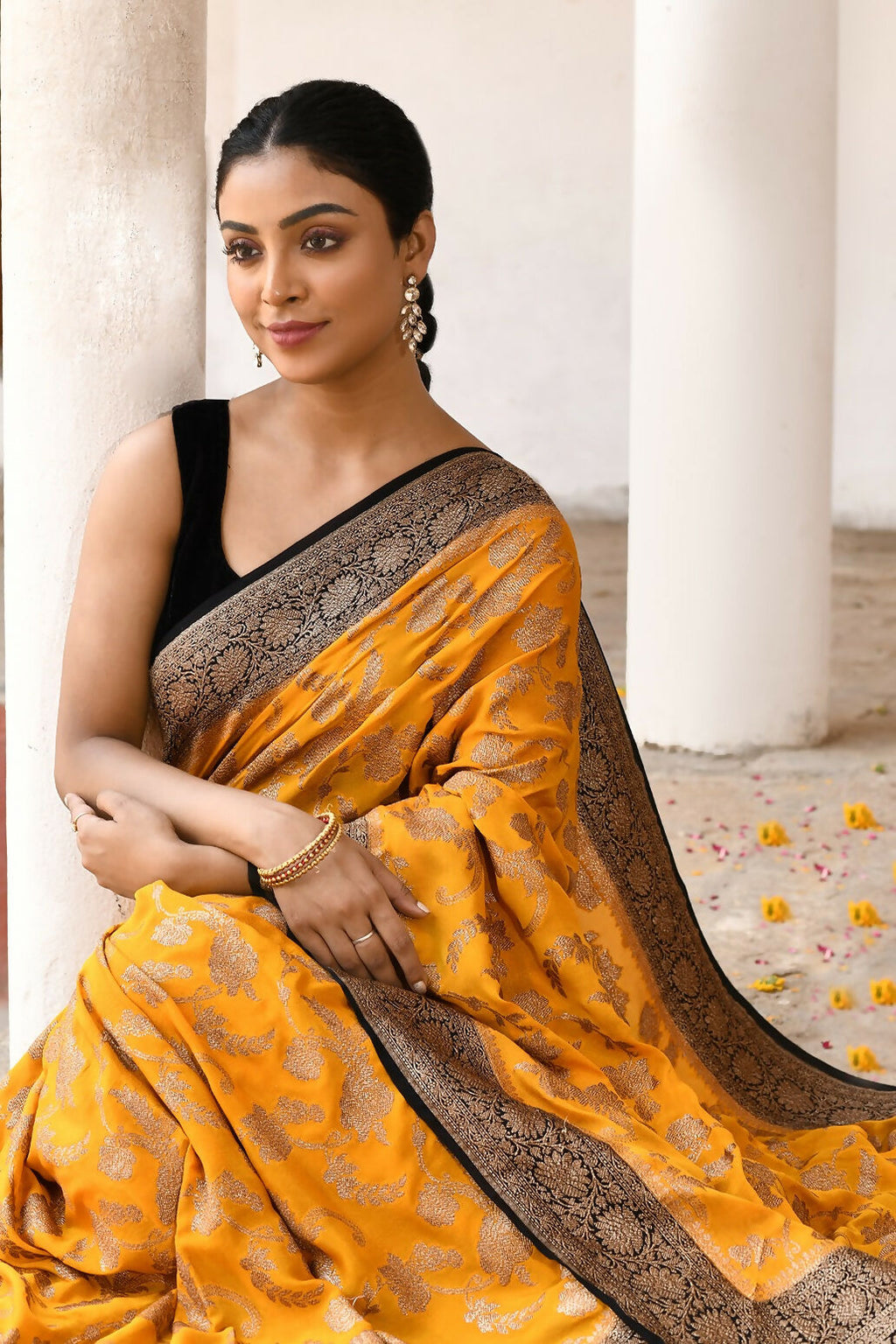 Joban Fashion Yellow Crepe Chiffon Pure Handloom Banarasi Silk Saree | Grocsy