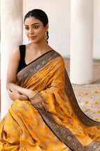 Joban Fashion Yellow Crepe Chiffon Pure Handloom Banarasi Silk Saree | Grocsy