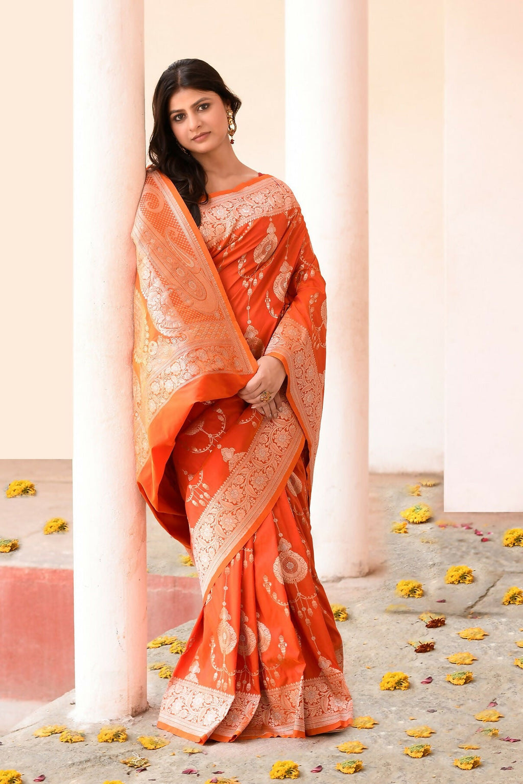 Joban Fashion Orange Banarasi Soft Pure Handloom Banarasi Silk Saree | Grocsy