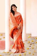 Joban Fashion Orange Banarasi Soft Pure Handloom Banarasi Silk Saree | Grocsy