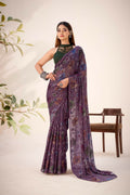 Vastranavya Wine Lurex Brasso Floral Printed Saree with Unstitched Blouse | Grocsy