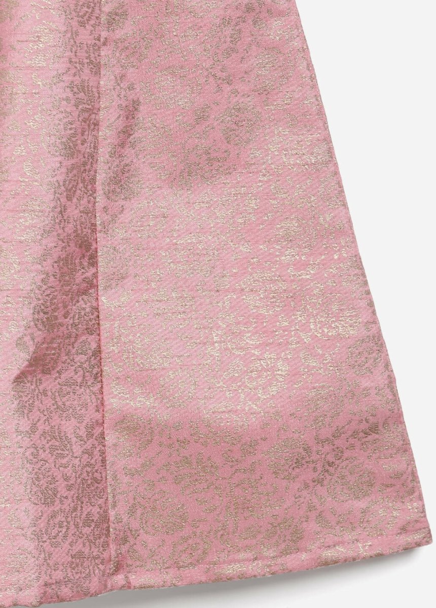 Ahalyaa Pink Poly Silk Gold Print Girl's Kids Dress For Girls | Grocsy