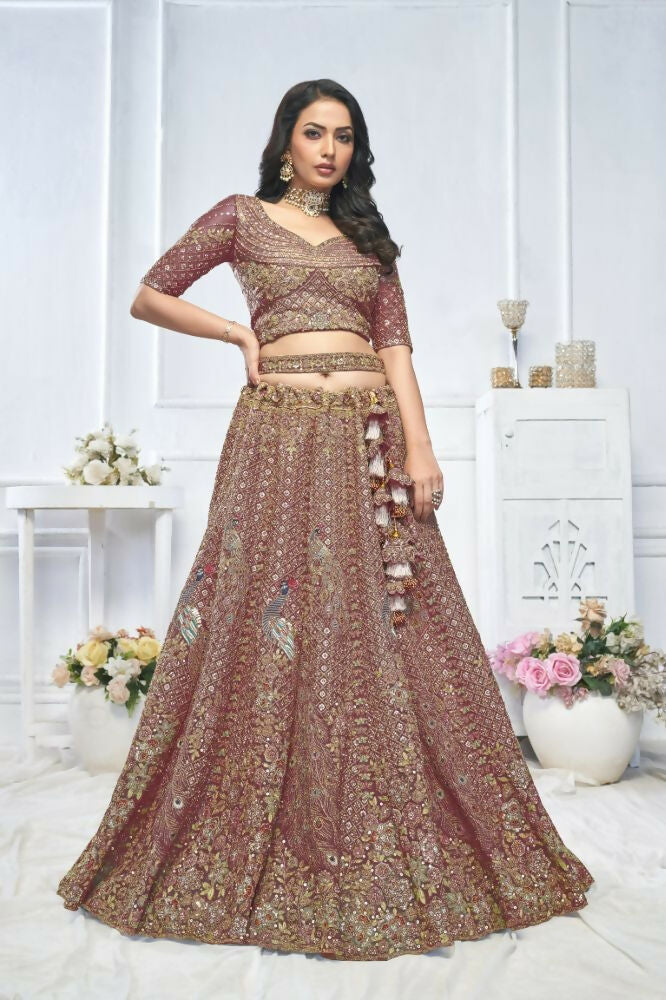 Kesar Fab Purple Net Embroidered Lehenga | Grocsy
