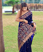 DEIANA'S Beautiful Designer Golden zari Soft Lichi Silk Saree - Navy Blue | Grocsy