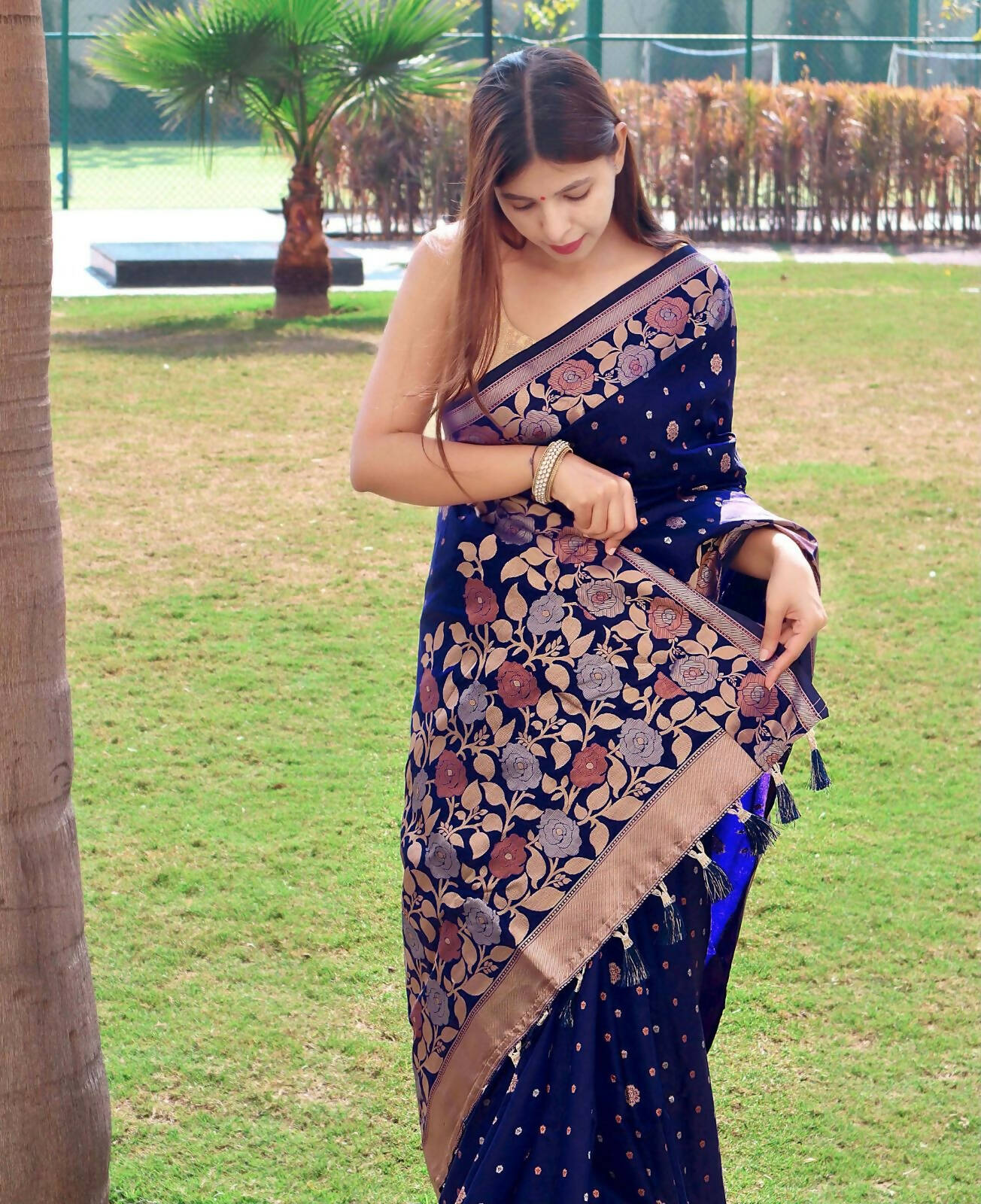 DEIANA'S Beautiful Designer Golden zari Soft Lichi Silk Saree - Navy Blue | Grocsy