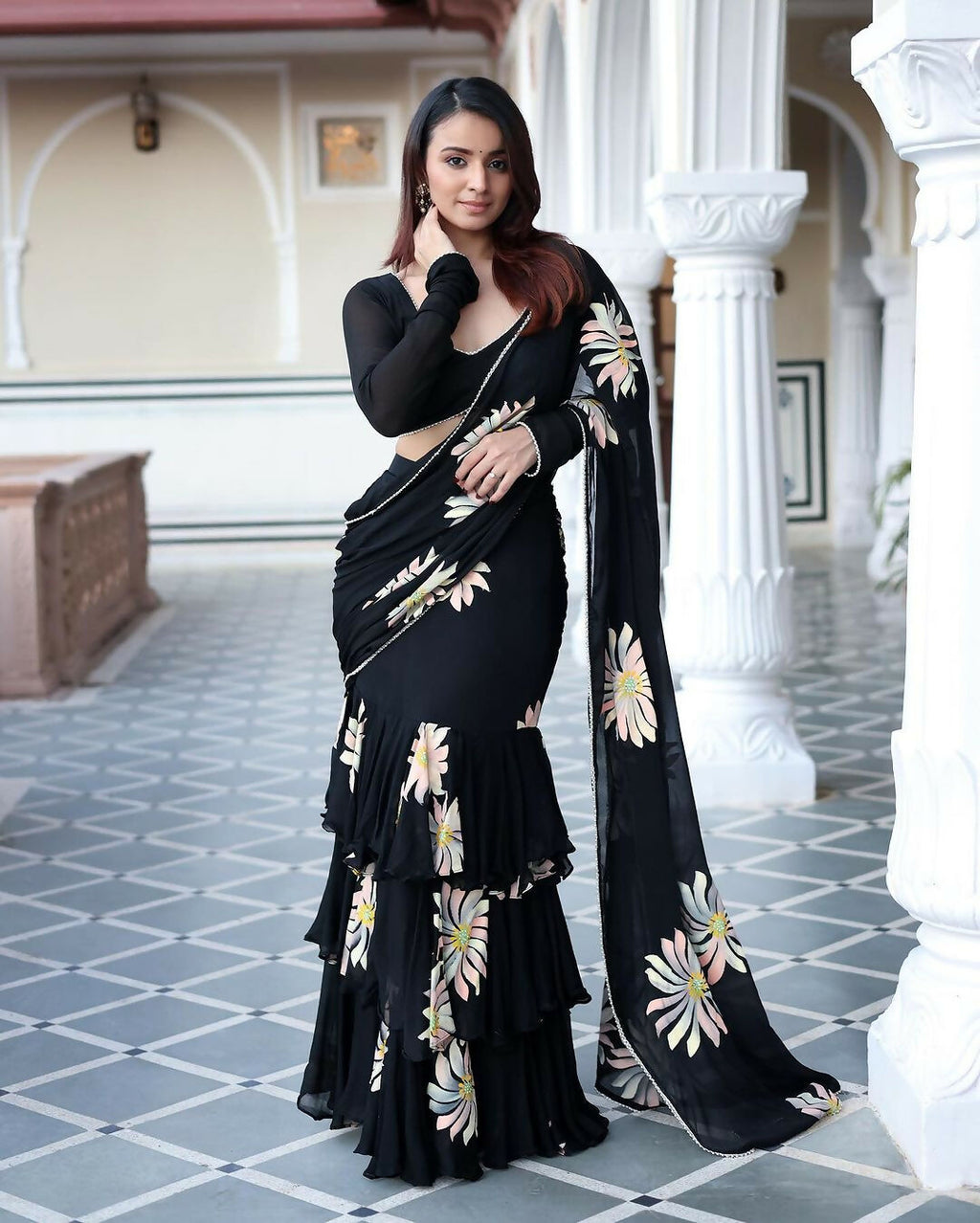 Exclusive Collection Black Party Wear Ruffle Georgette Saree | Grocsy