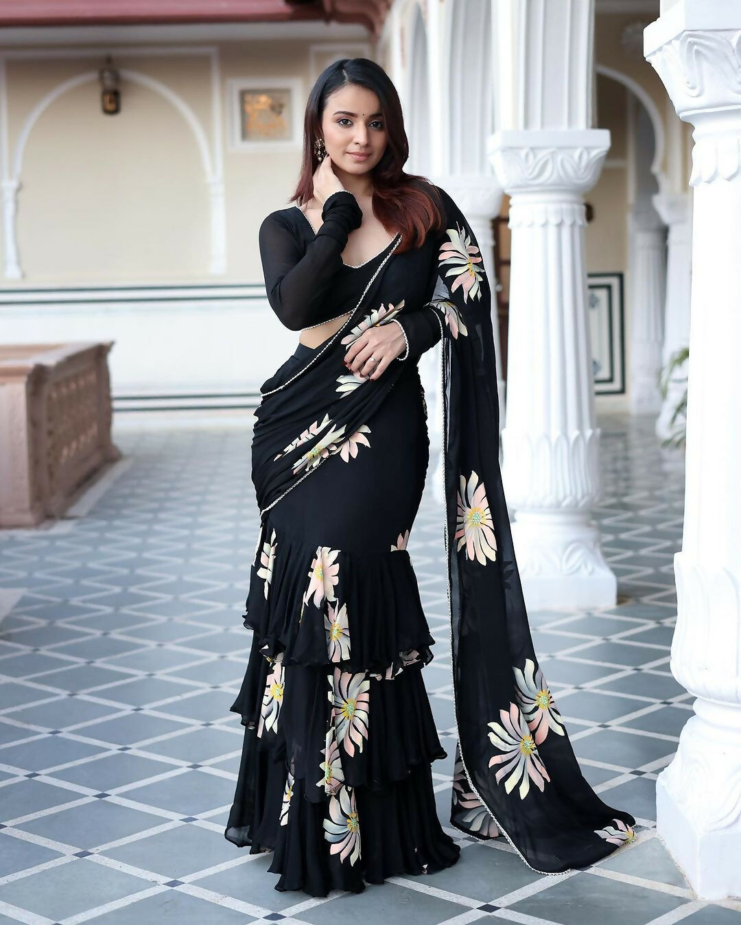 Exclusive Collection Black Party Wear Ruffle Georgette Saree | Grocsy