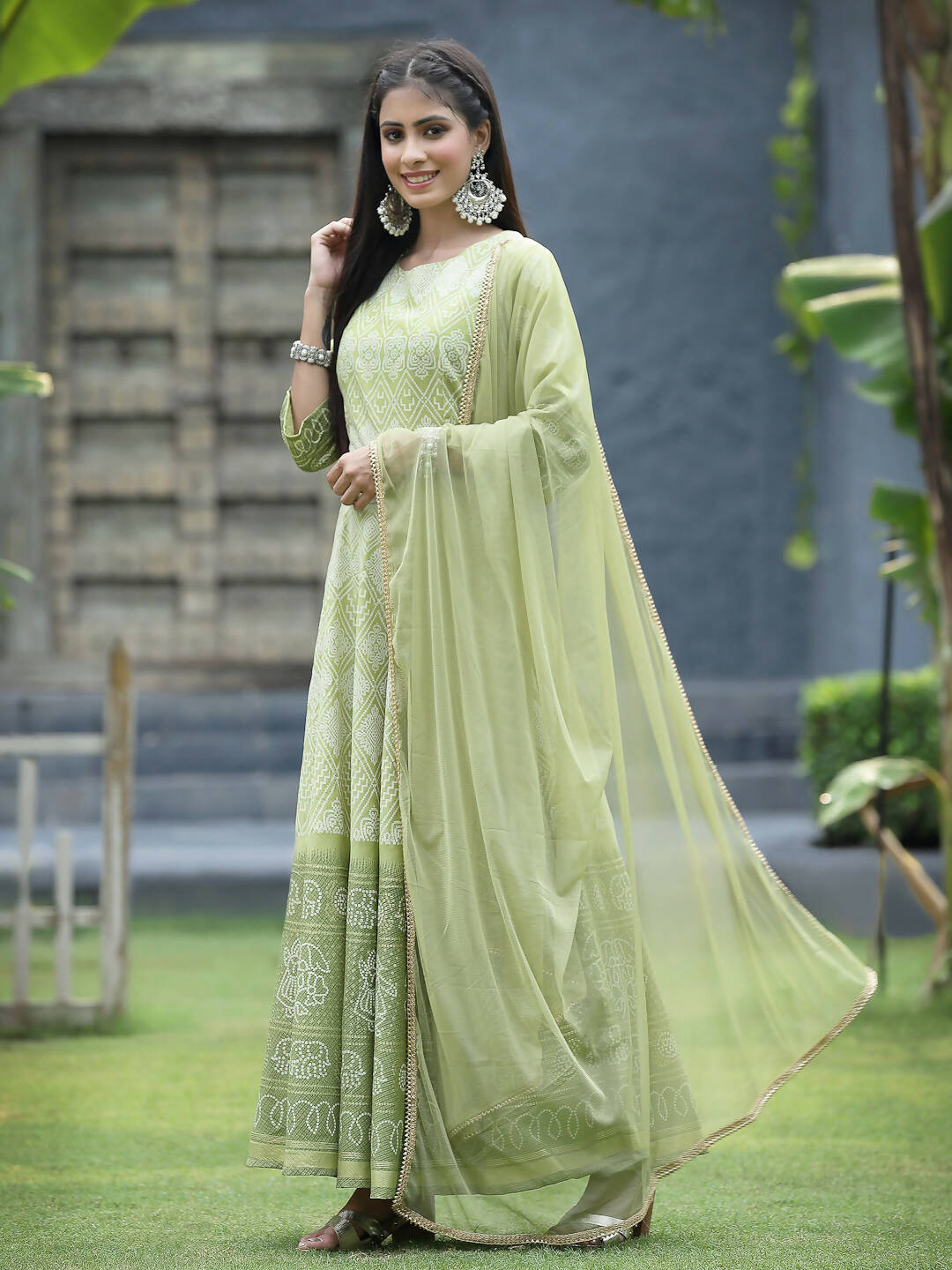 Juniper Green Santoon Slub Festive Foil Print Straight Lehnga Choli Set For Women | Grocsy