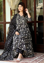 Miravan Women's Black Cotton Embroidered Attractive Anarkali Kurta And Palazzo With Dupatta Set | Grocsy