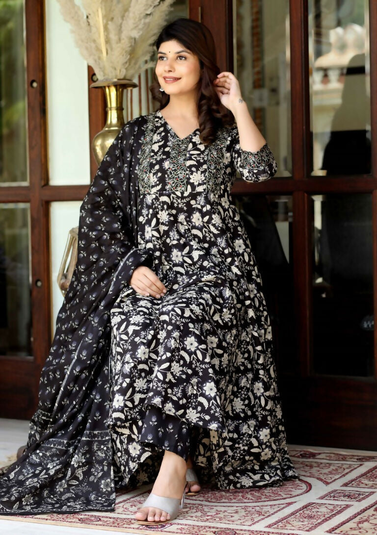 Miravan Women's Black Cotton Embroidered Attractive Anarkali Kurta And Palazzo With Dupatta Set | Grocsy