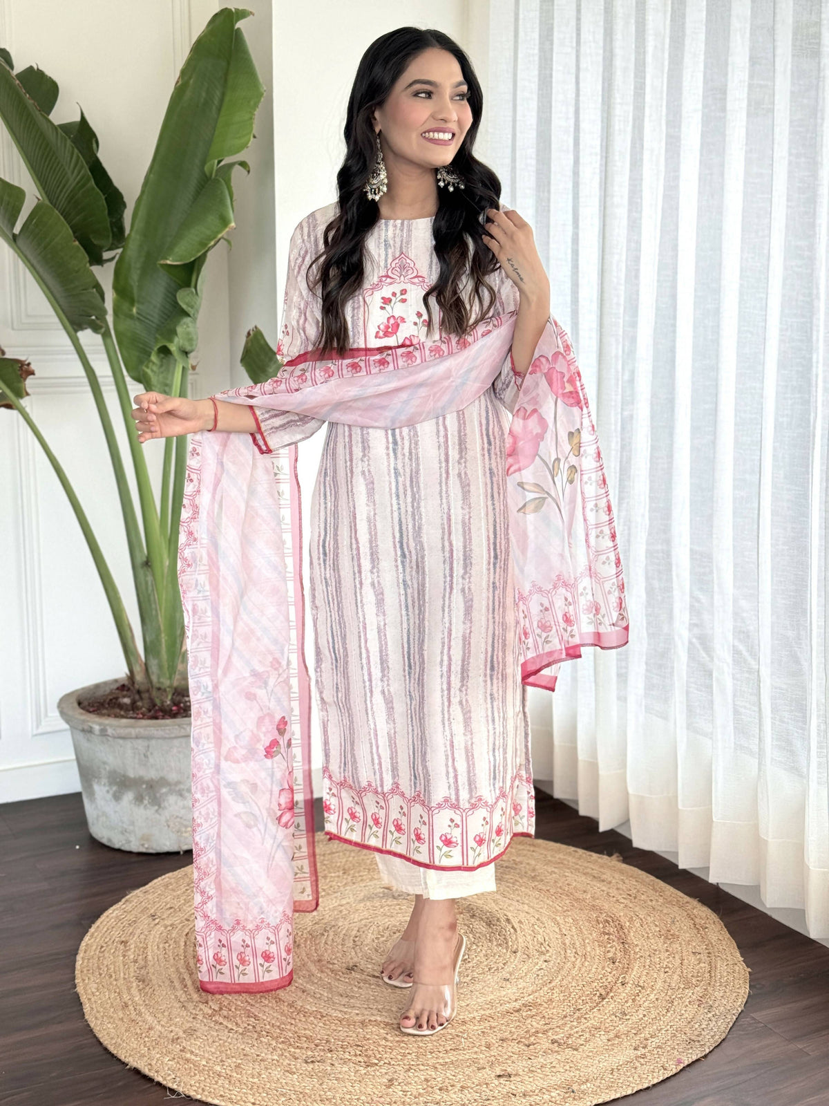 White Multi Viscose Chanderi Stitched Suit With Dupatta - Tanisha | Grocsy