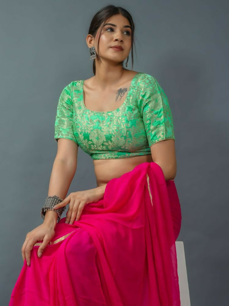 Amodini Designer Studio Women's Banarsi Brocade Rama Green Blouse | Grocsy