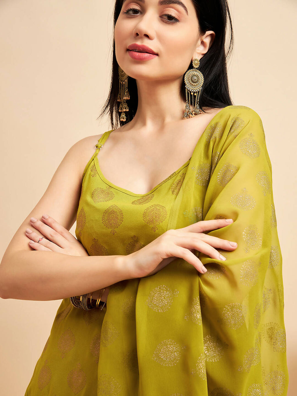 Lime Green & Golden Ethnic Motifs Print Kurta with Palazzo & Dupatta - Vishwa | Grocsy