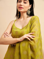 Lime Green & Golden Ethnic Motifs Print Kurta with Palazzo & Dupatta - Vishwa | Grocsy
