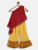 Ahalyaa Maroon Georgette Glitter Print Asymmetric Kids Kurta Palazzo Sets For Girls | Grocsy
