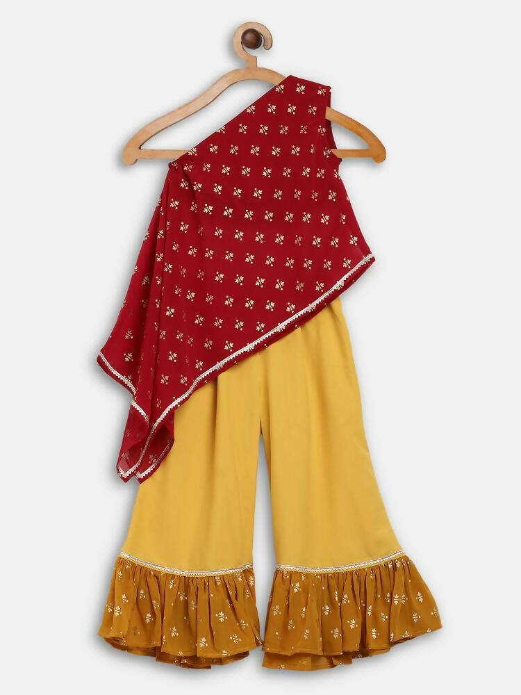 Ahalyaa Maroon Georgette Glitter Print Asymmetric Kids Kurta Palazzo Sets For Girls | Grocsy