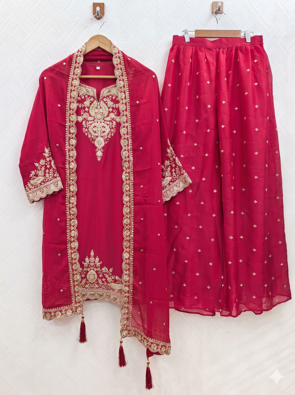 Teeya Creation Womens New Stylish Silk Embroidered Red Sharara Suit With Golden Zari Work And Lace Border Dupatta | Grocsy