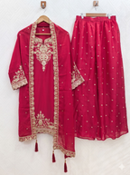 Teeya Creation Womens New Stylish Silk Embroidered Red Sharara Suit With Golden Zari Work And Lace Border Dupatta | Grocsy
