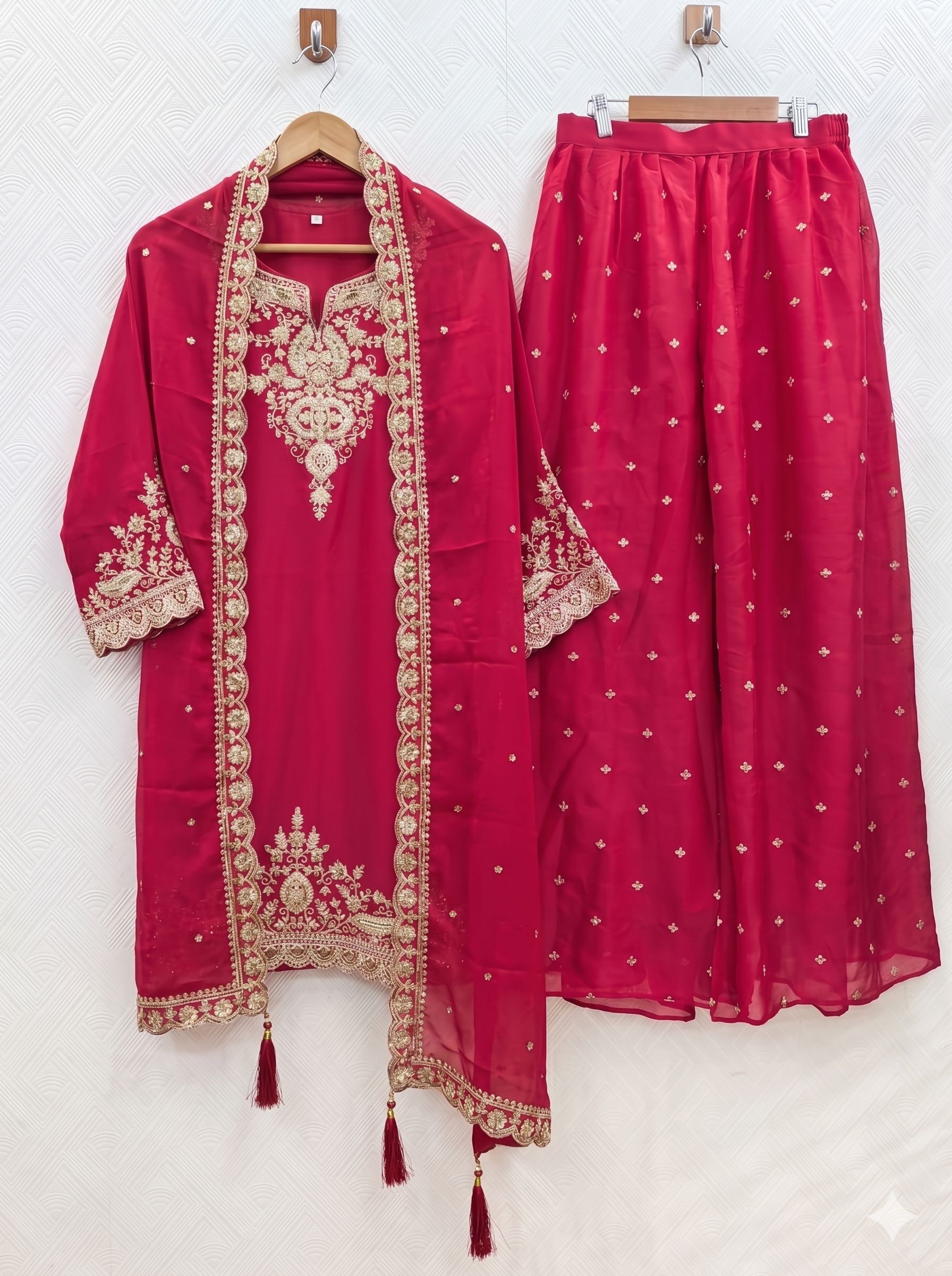 Teeya Creation Womens New Stylish Silk Embroidered Red Sharara Suit With Golden Zari Work And Lace Border Dupatta | Grocsy