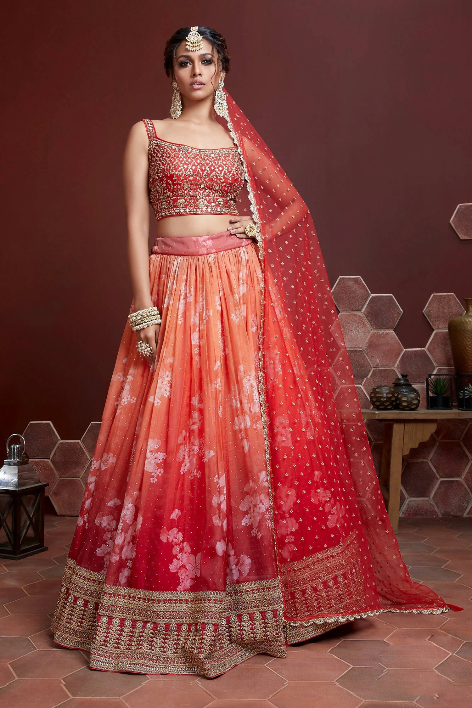Wedding Designer Orange Tabby Silk Lehenga Choli - Anbazaar | Grocsy