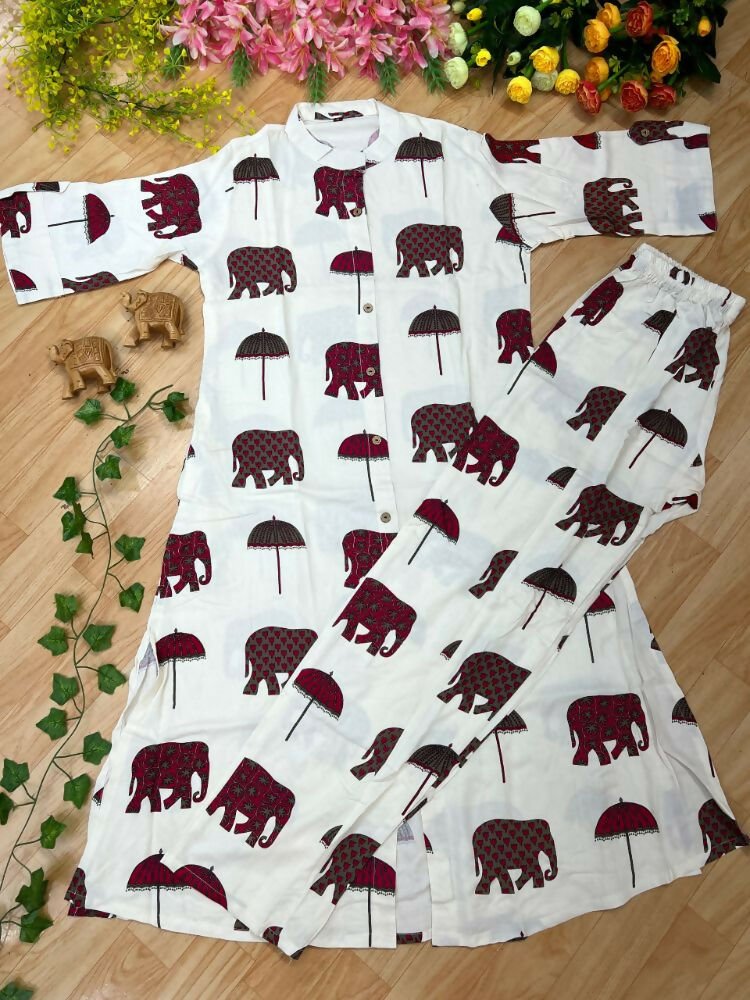 Teeya Creation Women New Trendy Off-White & Maroon Red Elephant Print Cotton Kurta with Palazzos | Grocsy
