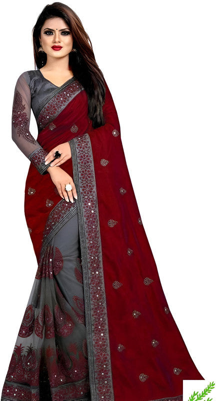 Dishitha Creation Indian Women's Designer Embroidered Art Silk Saree - Maroon | Grocsy