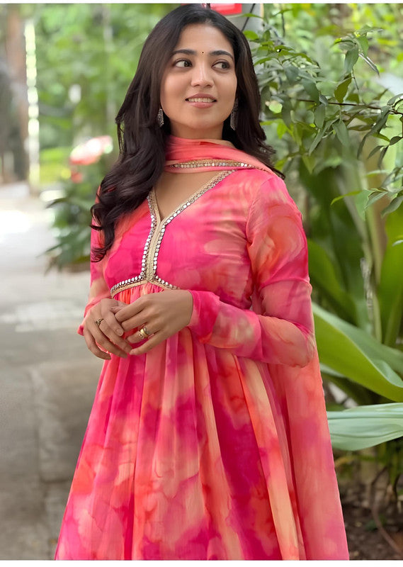 Indian Clothing Dishitha Creation Women Floral Printed Designer Gown - Pink | Grocsy