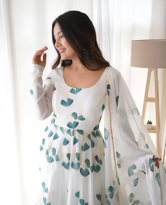 Dishitha Creation Women Floral Printed Designer Gown - Off White | Grocsy