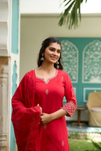 The52 Gajari Red Embroidered Chanderi Fabric Straight Kurta, Pant and Dupatta Set | Grocsy