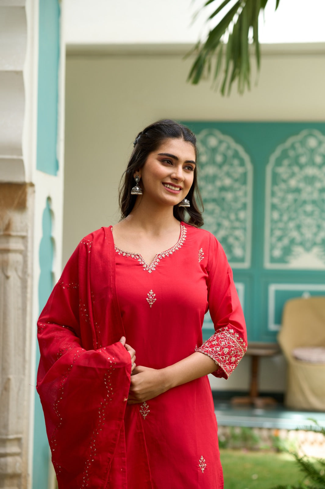 The52 Gajari Red Embroidered Chanderi Fabric Straight Kurta, Pant and Dupatta Set | Grocsy