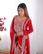 Teeya Creation Red Color Vichitra Silk Heavy Embroidery Work Festival Wear Fully Stitched Salwar Suit | Grocsy