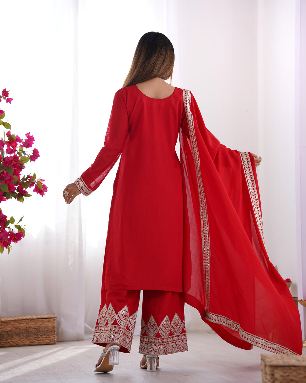 Teeya Creation Red Color Vichitra Silk Heavy Embroidery Work Festival Wear Fully Stitched Salwar Suit | Grocsy