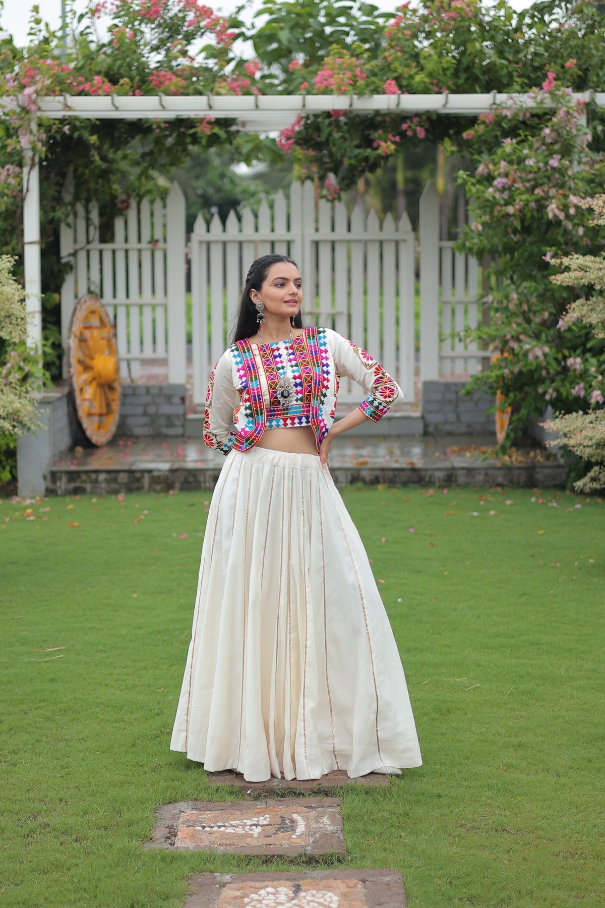 Evanik Navratri Off White Roamn Fabric With Kutchi Work Koti Style Blouse Stitched Lehenga Choli | Grocsy