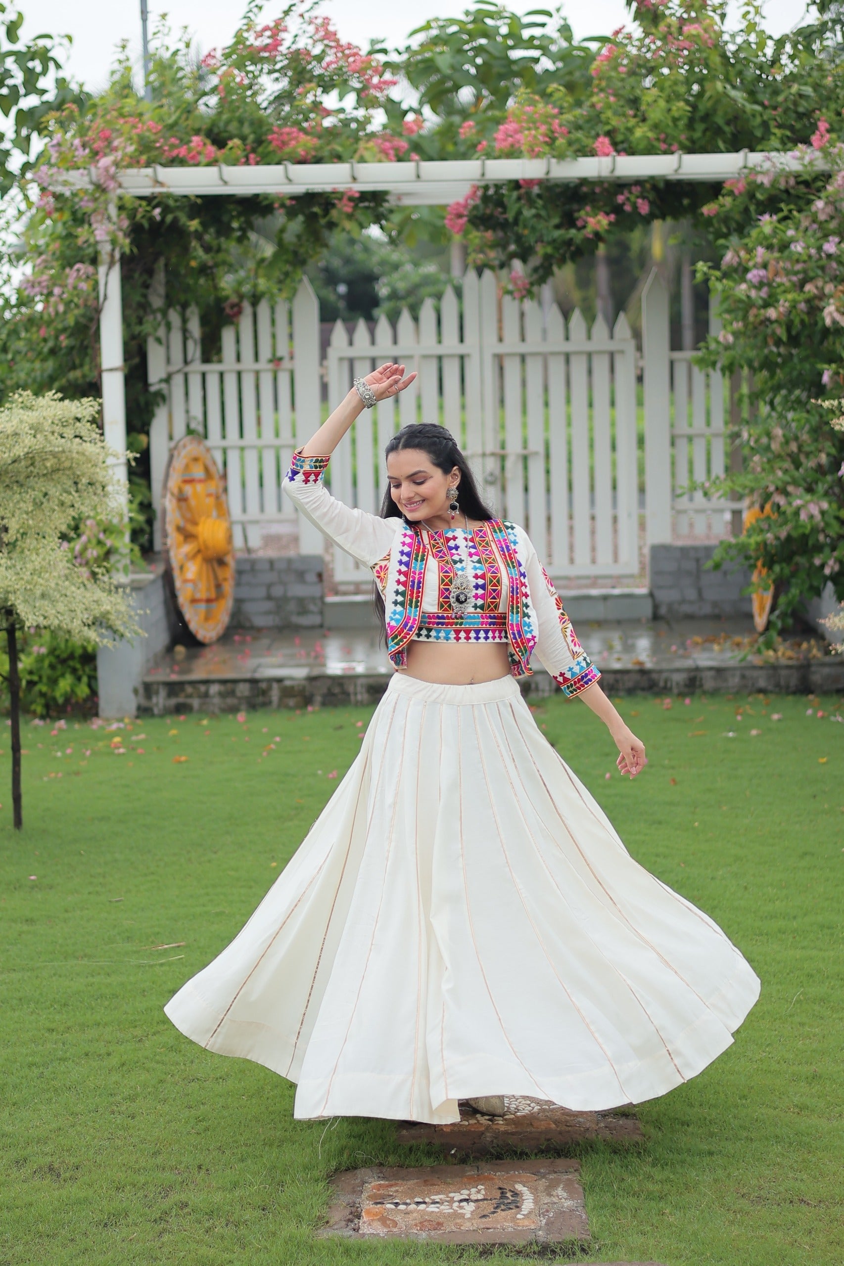 Evanik Navratri Off White Roamn Fabric With Kutchi Work Koti Style Blouse Stitched Lehenga Choli | Grocsy