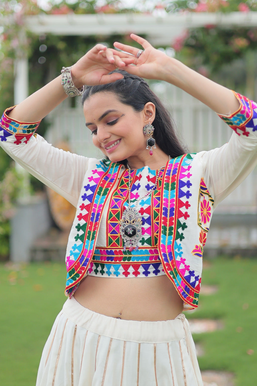 Evanik Navratri Off White Roamn Fabric With Kutchi Work Koti Style Blouse Stitched Lehenga Choli | Grocsy