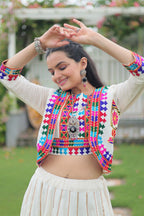Evanik Navratri Off White Roamn Fabric With Kutchi Work Koti Style Blouse Stitched Lehenga Choli | Grocsy