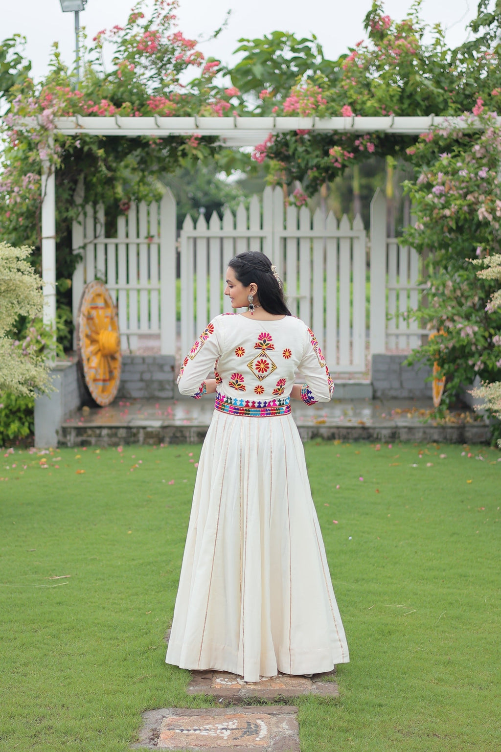 Evanik Navratri Off White Roamn Fabric With Kutchi Work Koti Style Blouse Stitched Lehenga Choli | Grocsy