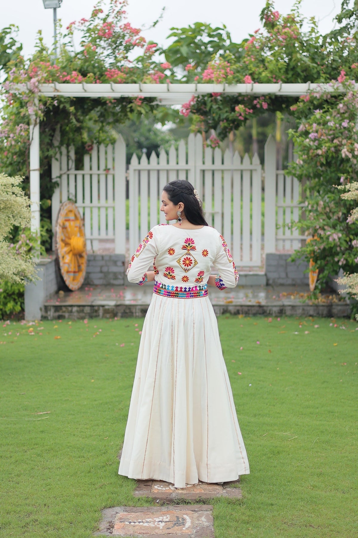 Evanik Navratri Off White Roamn Fabric With Kutchi Work Koti Style Blouse Stitched Lehenga Choli | Grocsy