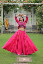 Evanik Navratri Pink Roamn Fabric With Kutchi Work Koti Style Blouse Stitched Lehenga Choli | Grocsy