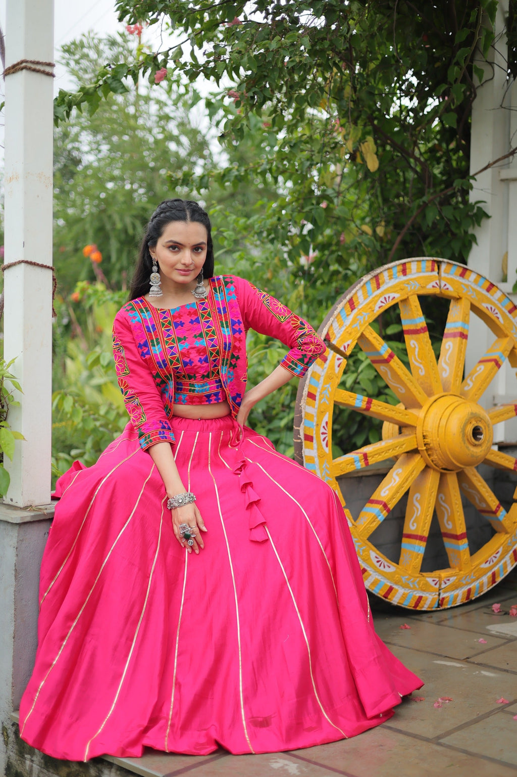 Evanik Navratri Pink Roamn Fabric With Kutchi Work Koti Style Blouse Stitched Lehenga Choli | Grocsy