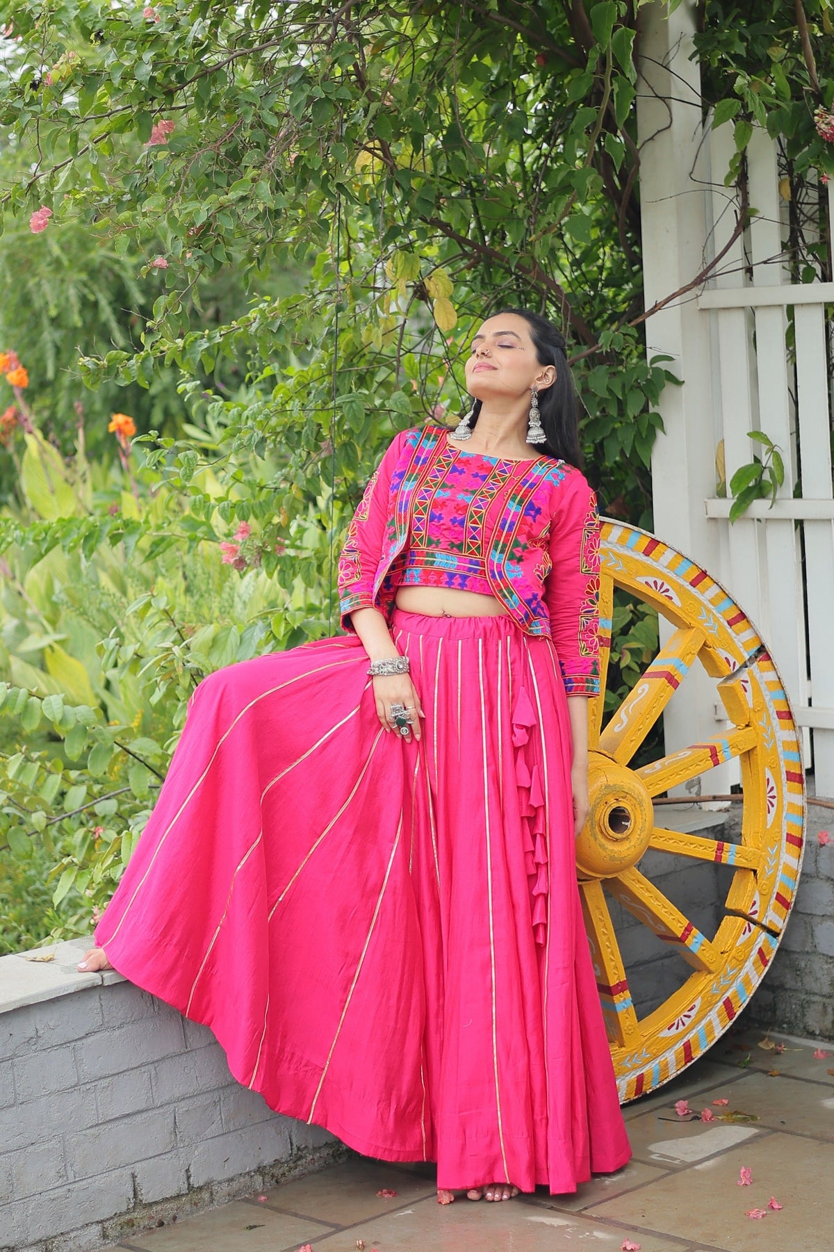Evanik Navratri Pink Roamn Fabric With Kutchi Work Koti Style Blouse Stitched Lehenga Choli | Grocsy