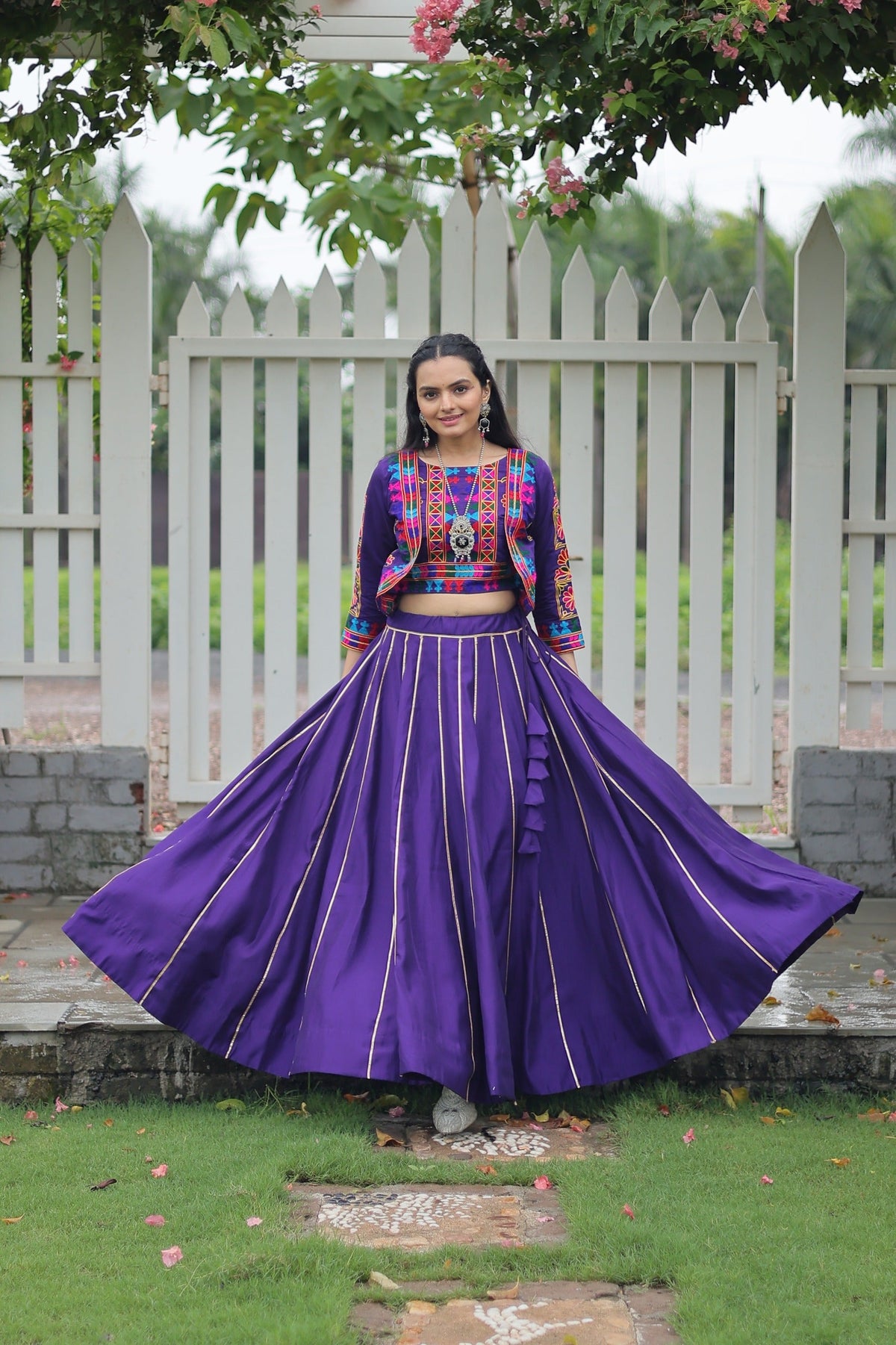 Evanik Navratri Purple Roamn Fabric With Kutchi Work Koti Style Blouse Stitched Lehenga Choli | Grocsy