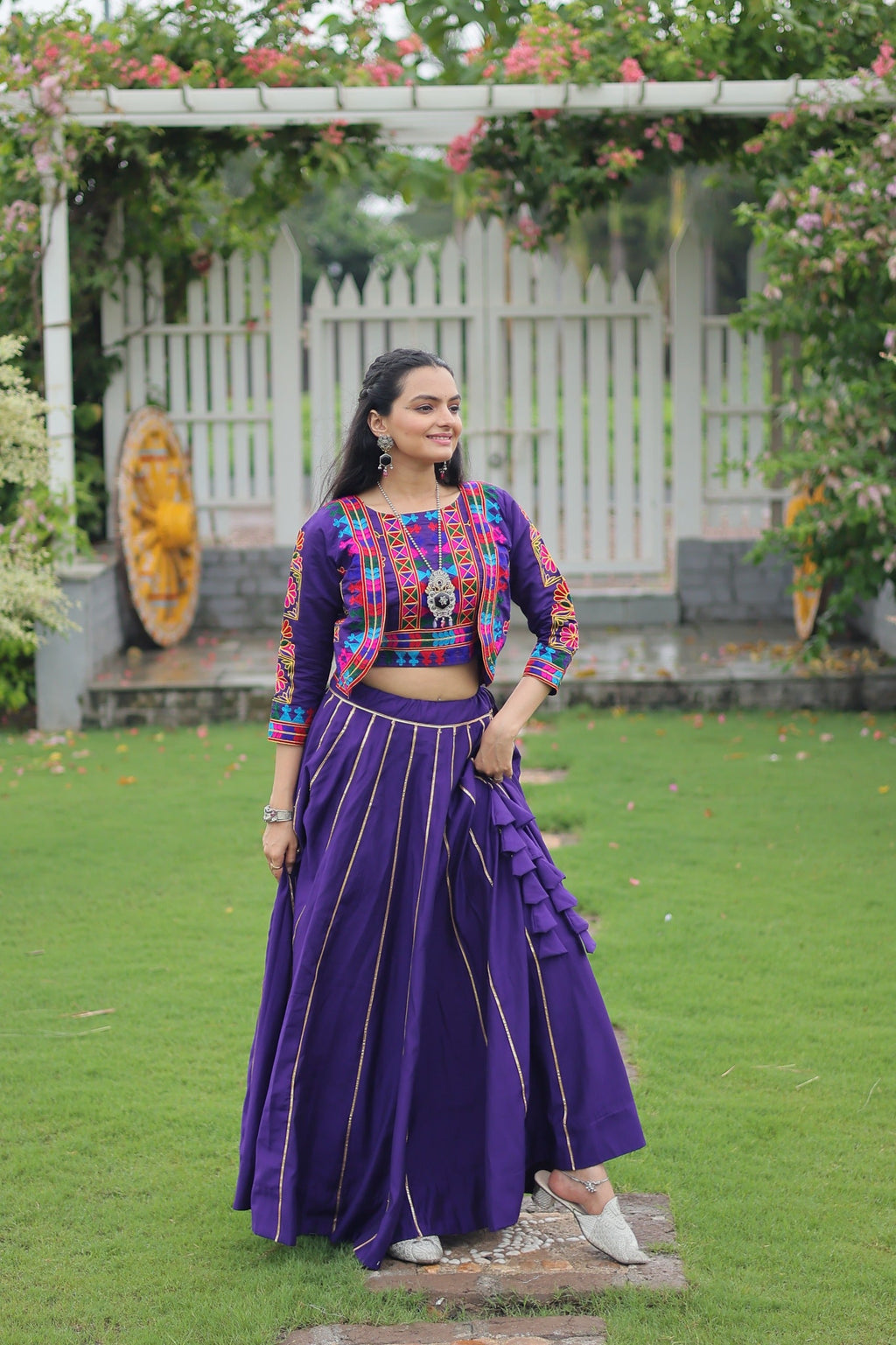 Evanik Navratri Purple Roamn Fabric With Kutchi Work Koti Style Blouse Stitched Lehenga Choli | Grocsy